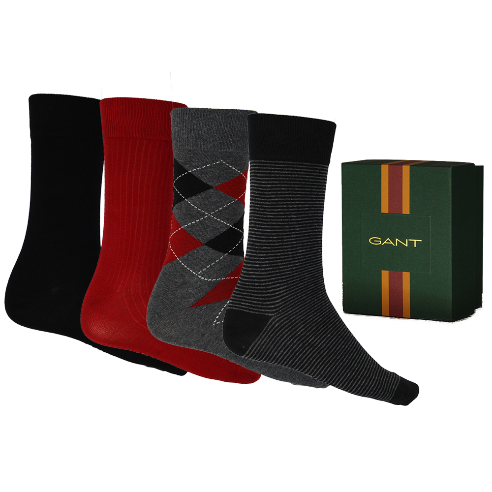 Four pairs of Gant socks in black, red, and gray with a Gant branded box on a white background.