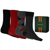 Four pairs of Gant socks in black, red, and gray with a Gant branded box on a white background.