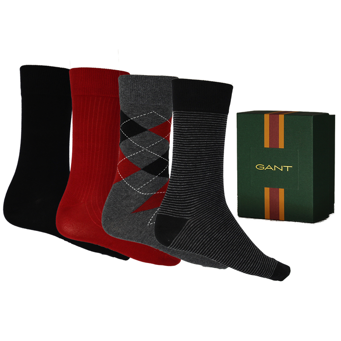 Four pairs of Gant socks in black, red, and gray with a Gant branded box on a white background.