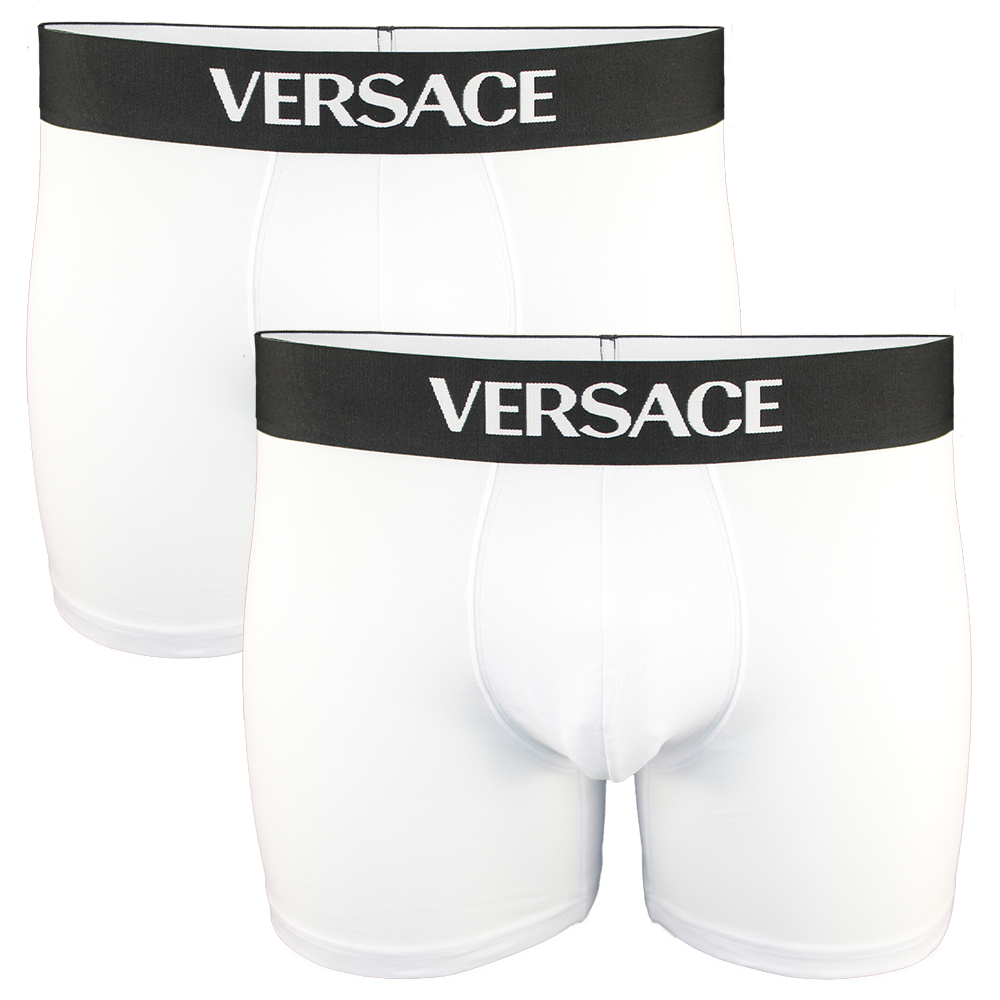 White Versace boxer briefs with black waistbands on a white background