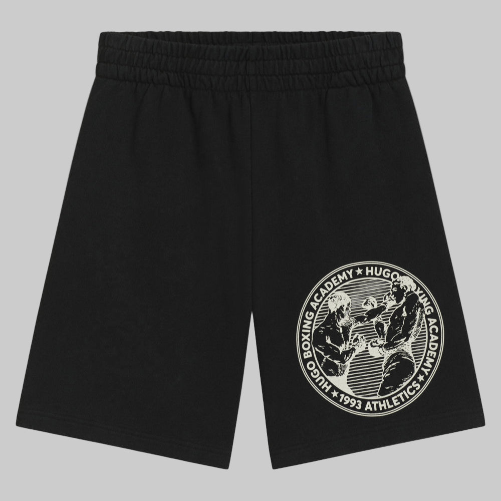 Black cotton-terry shorts with puff-print boxing artwork on the front.