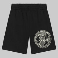 Black cotton-terry shorts with puff-print boxing artwork on the front.
