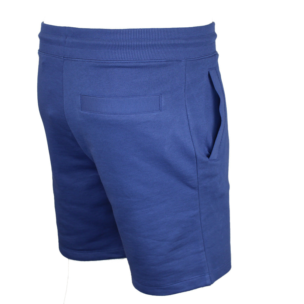 Blue shorts shown from the back on a white background