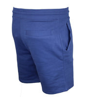 Blue shorts shown from the back on a white background