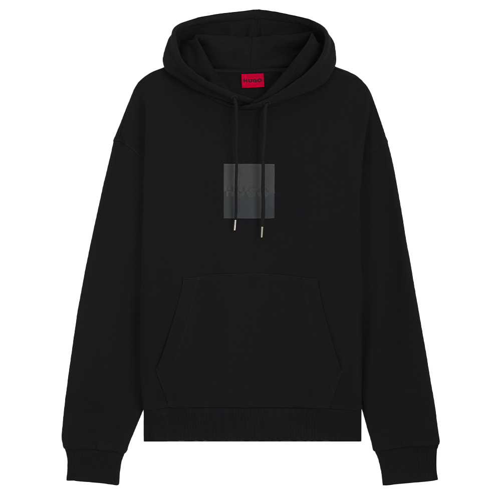 Black hoodie with a red hugo tag on a white background