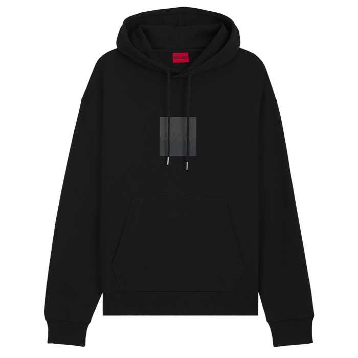 Black hoodie with a red hugo tag on a white background