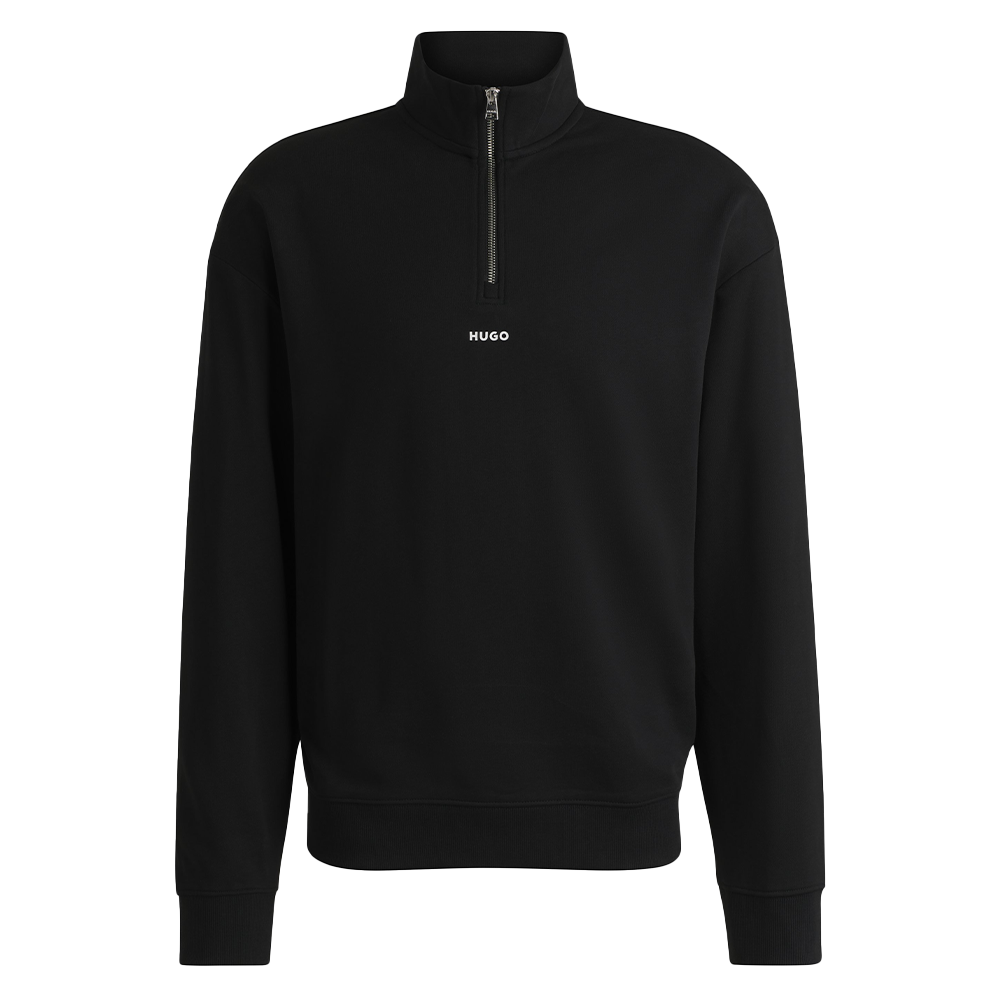 Black half-zip sweatshirt with 'HUGO' branding on a white background