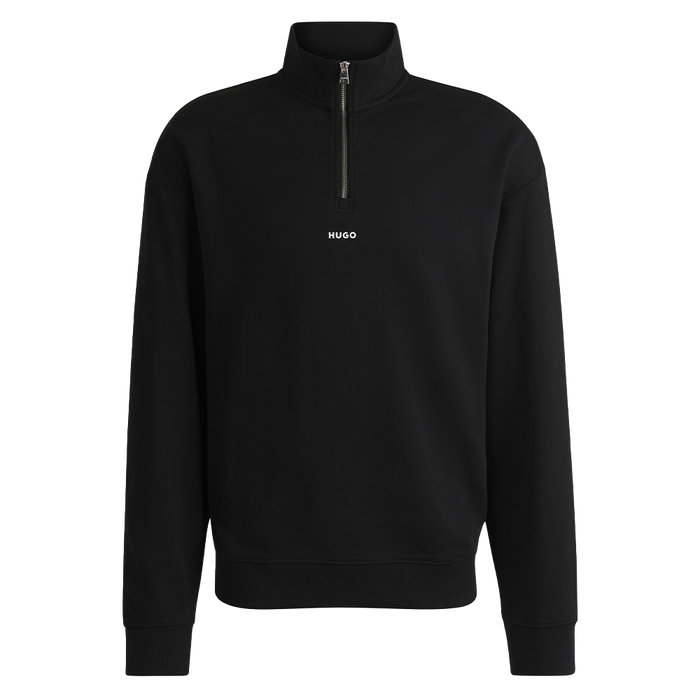 Black half-zip sweatshirt with 'HUGO' branding on a white background