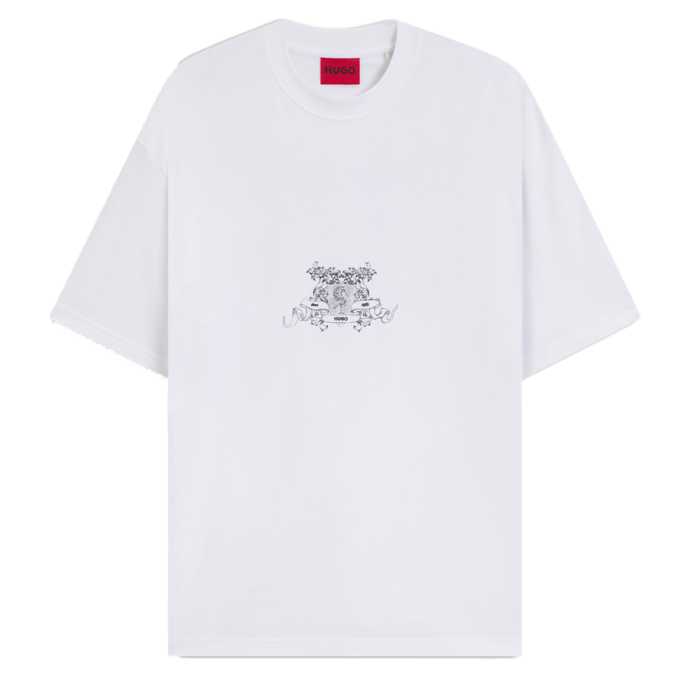White t-shirt with a small graphic design on a white background