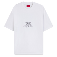 White t-shirt with a small graphic design on a white background