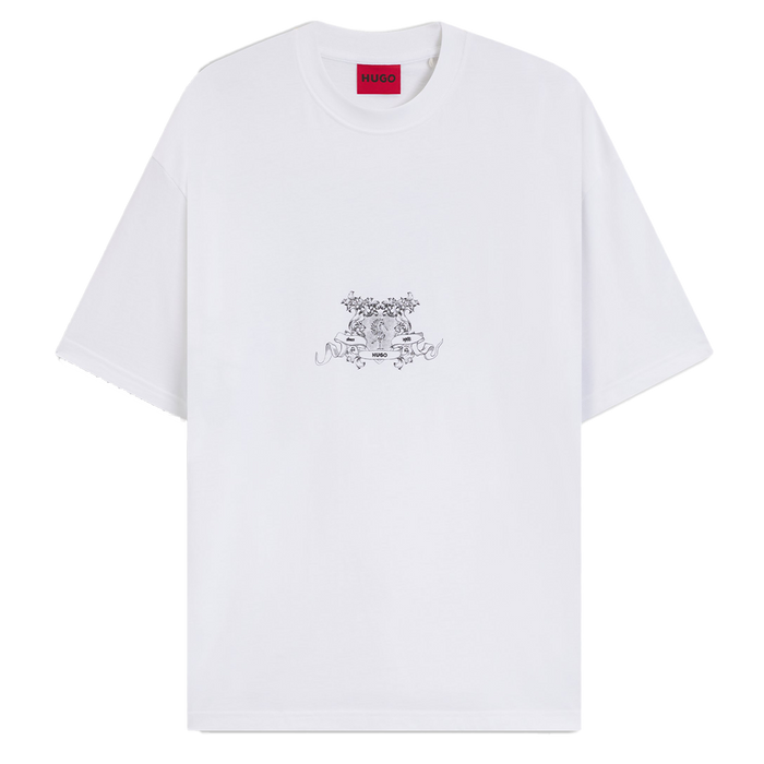 White t-shirt with a small graphic design on a white background