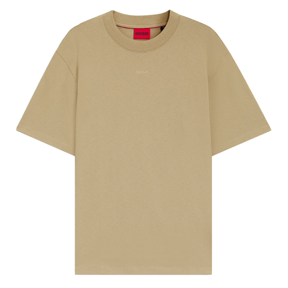 Beige Hugo t-shirt with a red logo label on a white background
