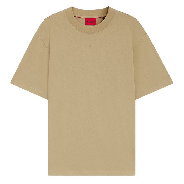 Beige Hugo t-shirt with a red logo label on a white background
