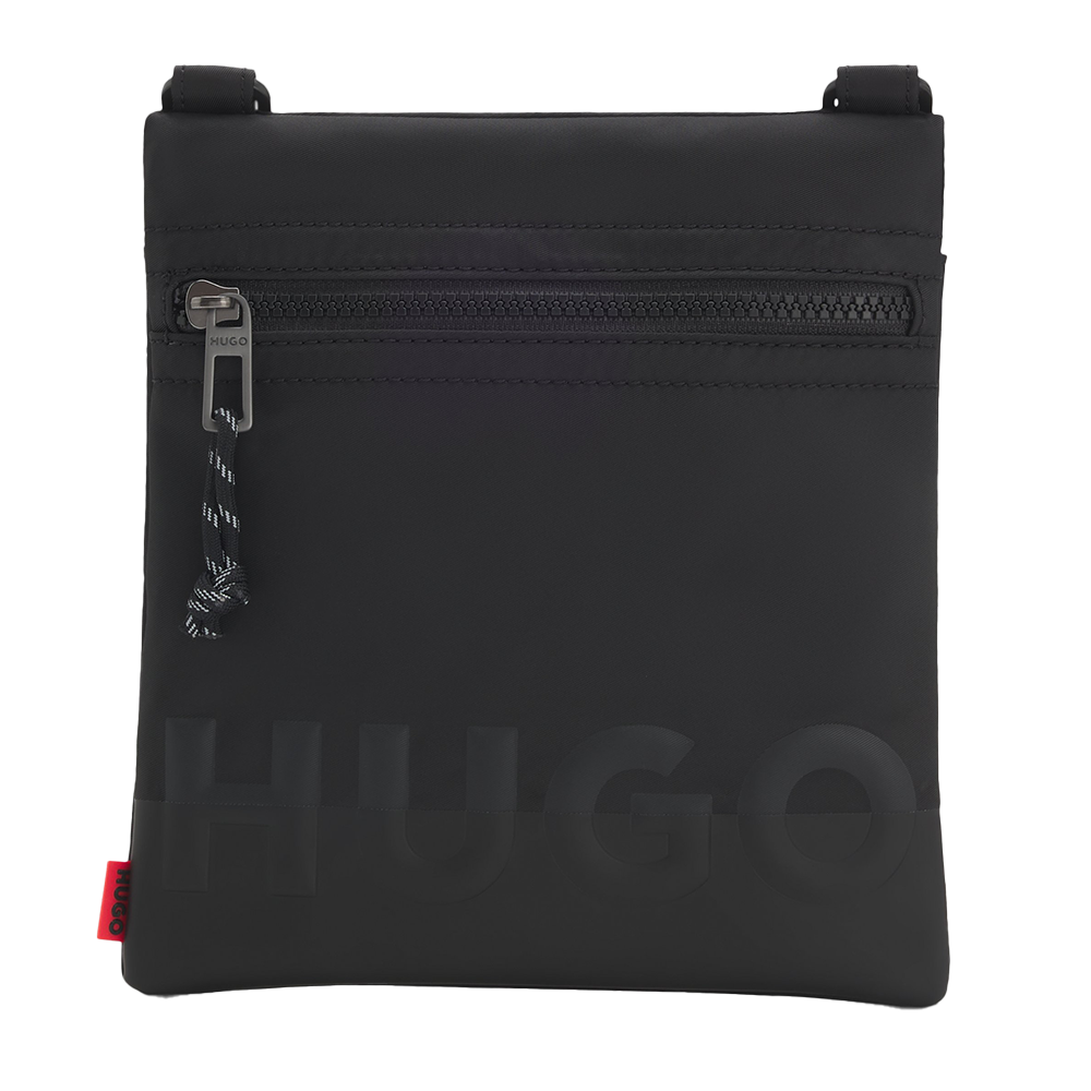 Black crossbody bag with 'HUGO' branding on a white background