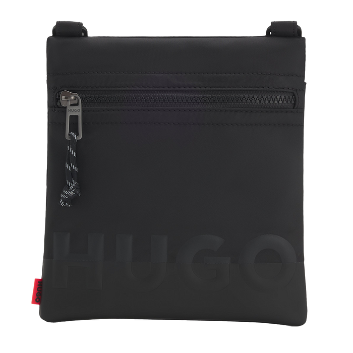 Black crossbody bag with 'HUGO' branding on a white background