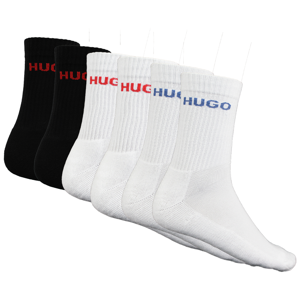Set of black and white socks with 'HUGO' branding on a white background