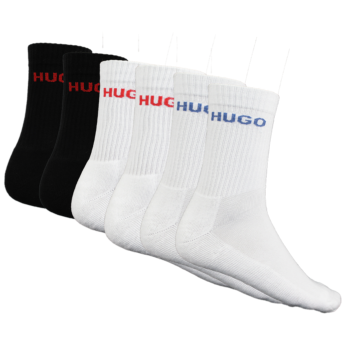 Set of black and white socks with 'HUGO' branding on a white background