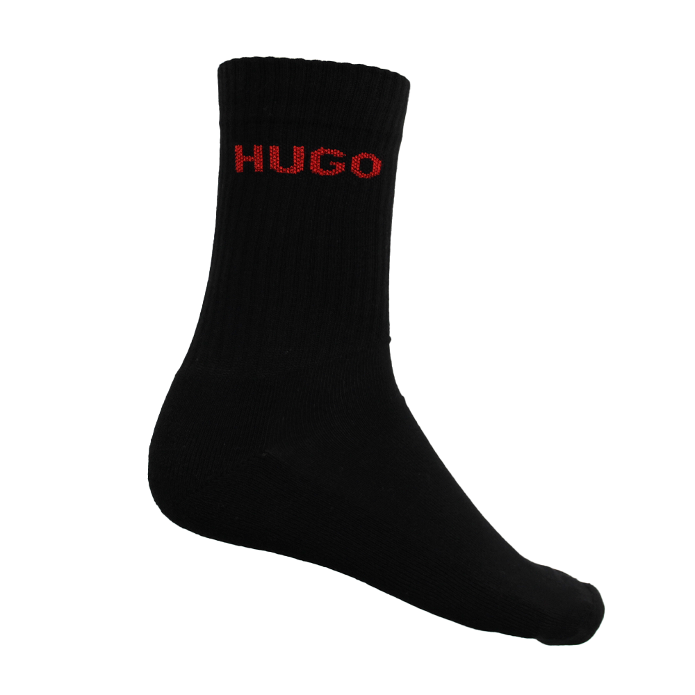 Black sock with 'HUGO' text in red on a white background