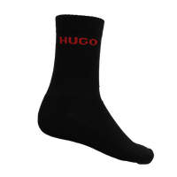 Black sock with 'HUGO' text in red on a white background