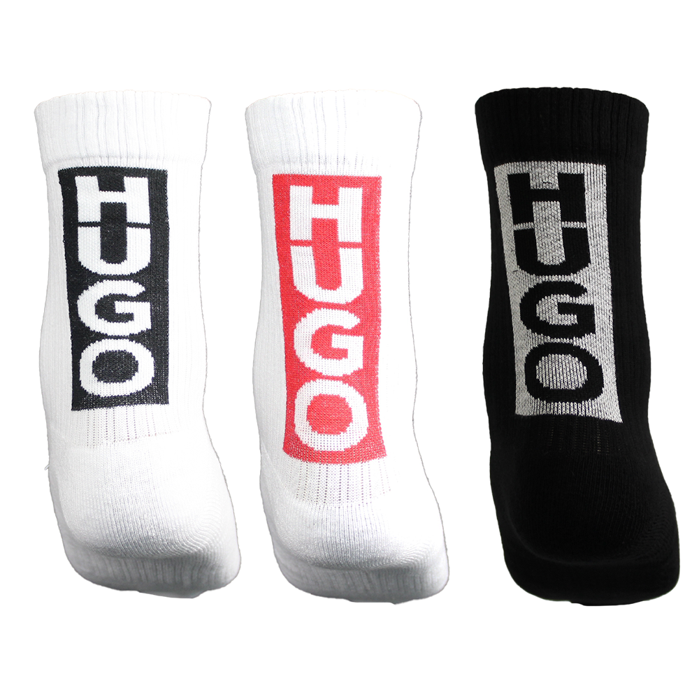 Three socks with 'HUGO' branding on a white background