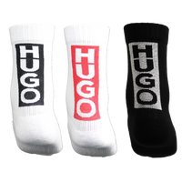 Three socks with 'HUGO' branding on a white background