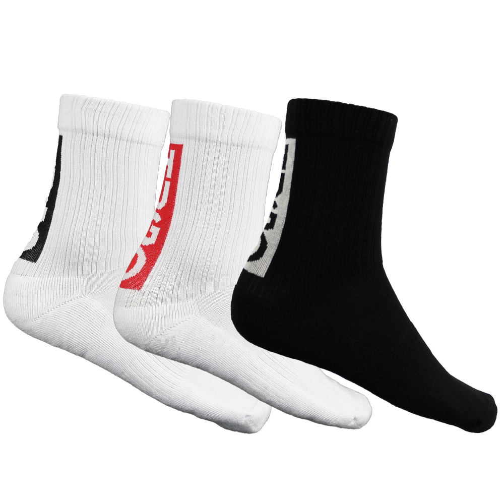 Three socks with HUGO logos on a white background