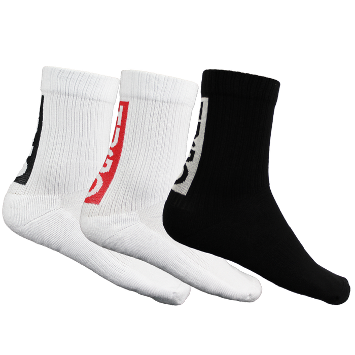 Three socks with HUGO logos on a white background