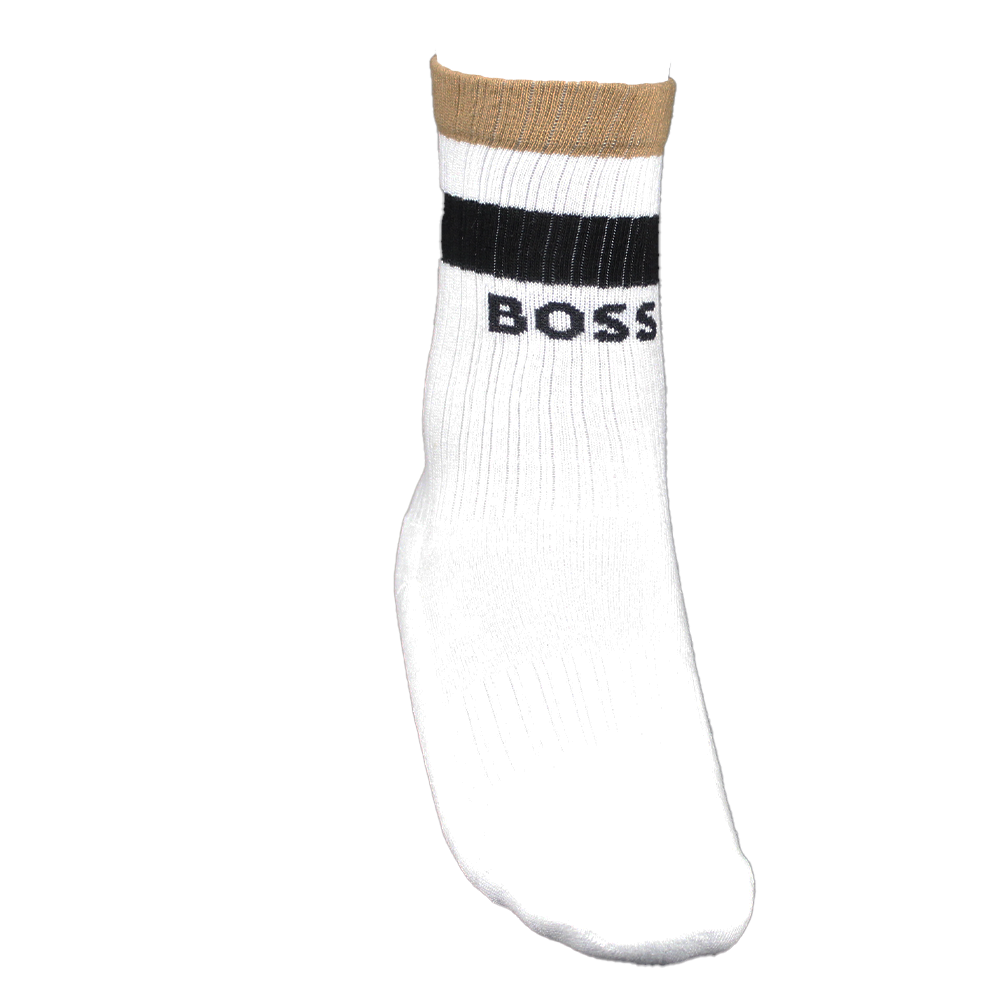 White sock with brown top and black band displaying 'BOSS' on a white background
