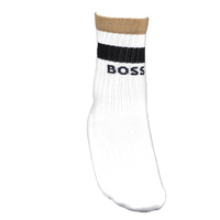 White sock with brown top and black band displaying 'BOSS' on a white background