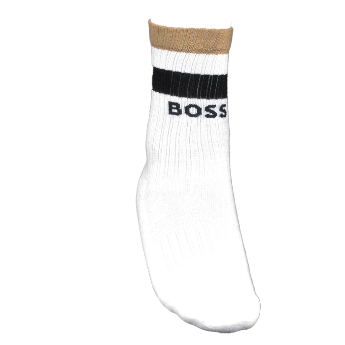 White sock with brown top and black band displaying 'BOSS' on a white background