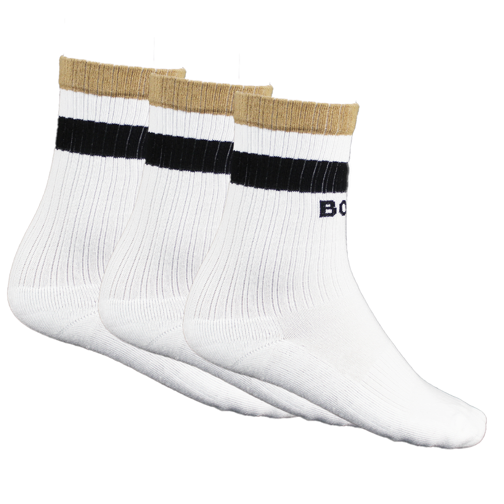 Three pairs of BOSS white socks with black and beige accents on a white background