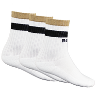 Three pairs of BOSS white socks with black and beige accents on a white background