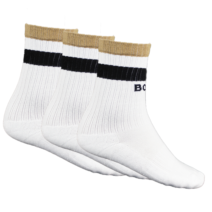 Three pairs of BOSS white socks with black and beige accents on a white background