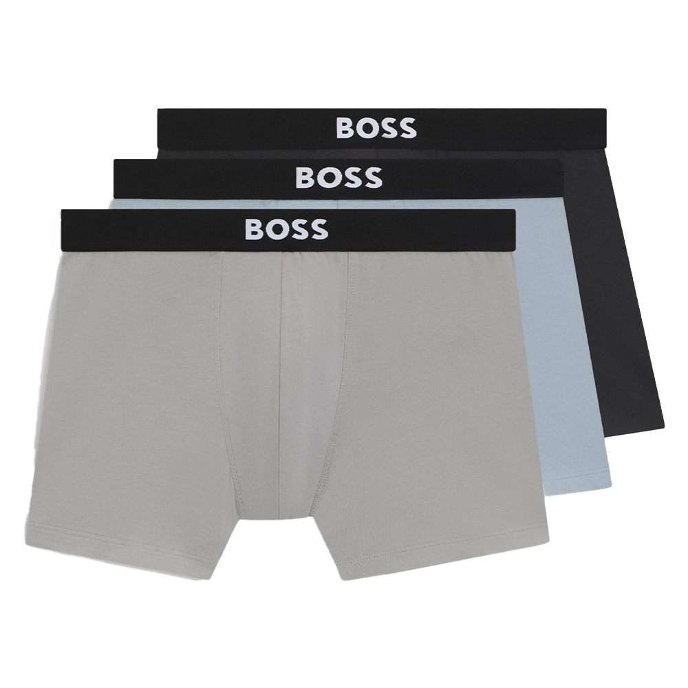 Three pairs of BOSS boxer briefs in gray, black, and light blue on a white background.