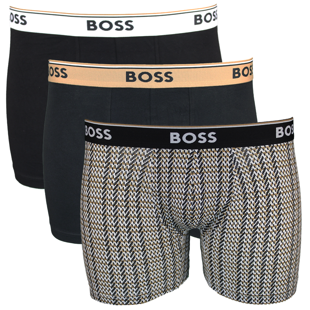 Three pairs of BOSS boxer briefs with different waistband colors on a white background.