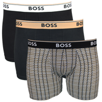 Three pairs of BOSS boxer briefs with different waistband colors on a white background.