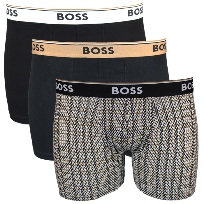 Three pairs of BOSS boxer briefs with different waistband colors on a white background.