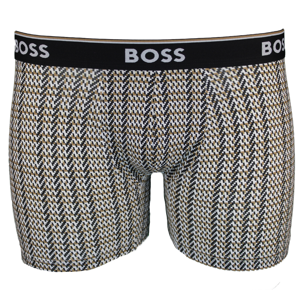 Houndstooth patterned boxer briefs with black waistband featuring 'BOSS' branding on a white background.