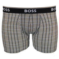 Houndstooth patterned boxer briefs with black waistband featuring 'BOSS' branding on a white background.