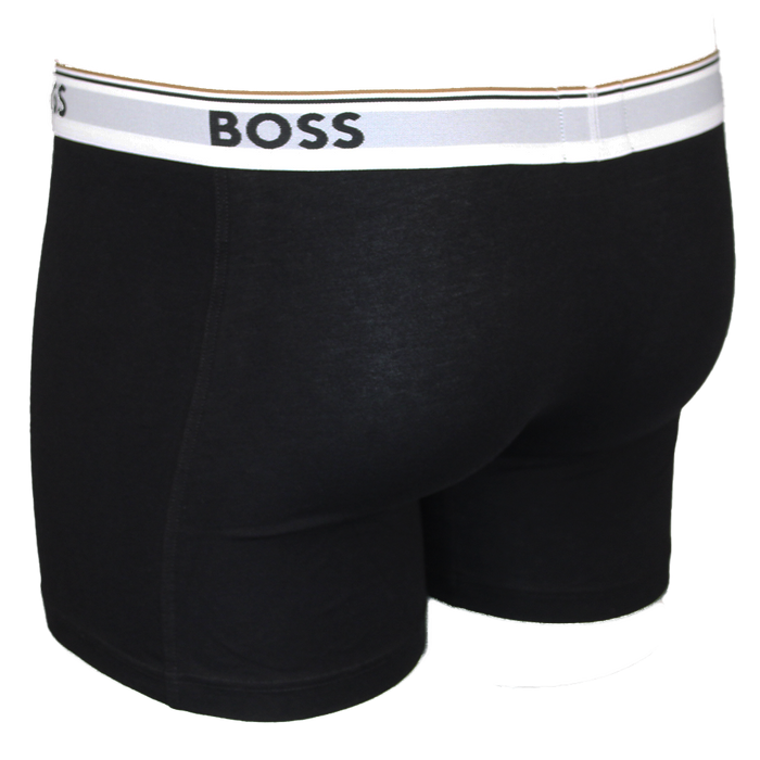 Black boxer briefs with a white waistband featuring 'BOSS' branding on a white background.
