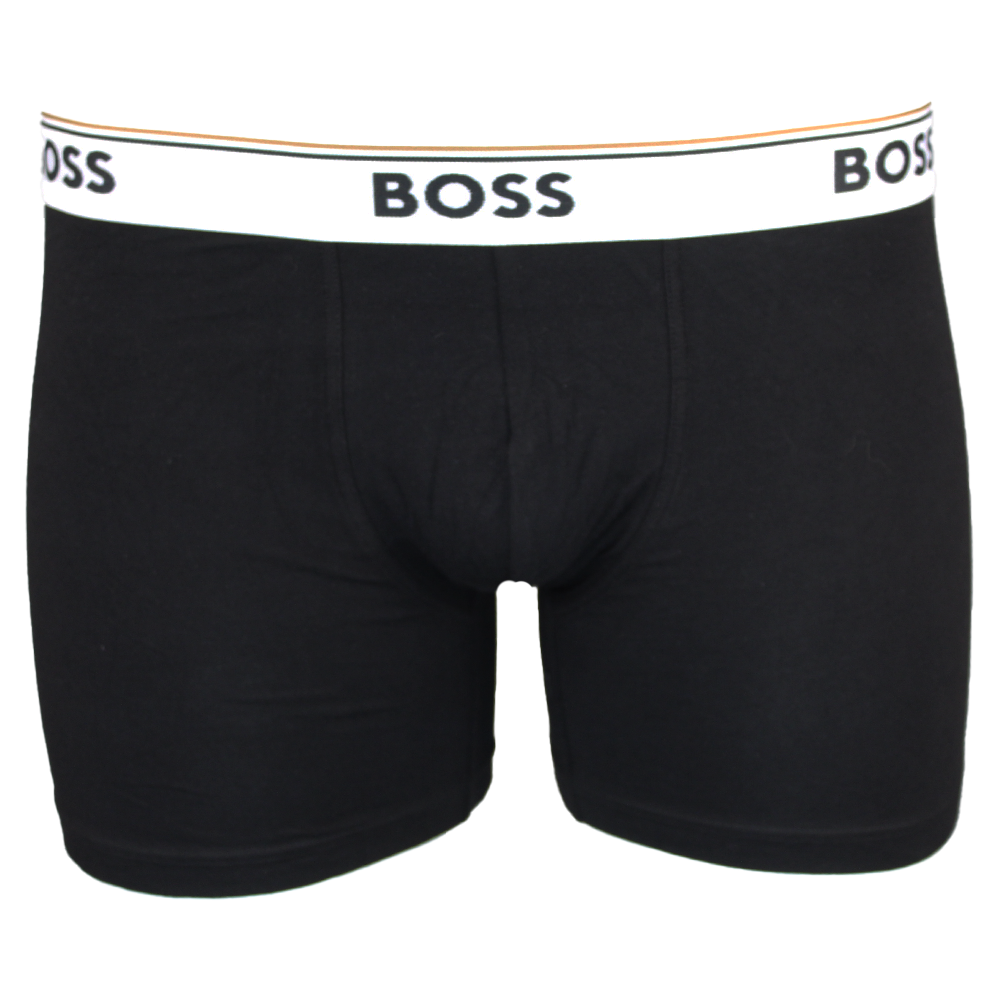 Black boxer briefs with a white waistband featuring 'BOSS' branding on a white background.
