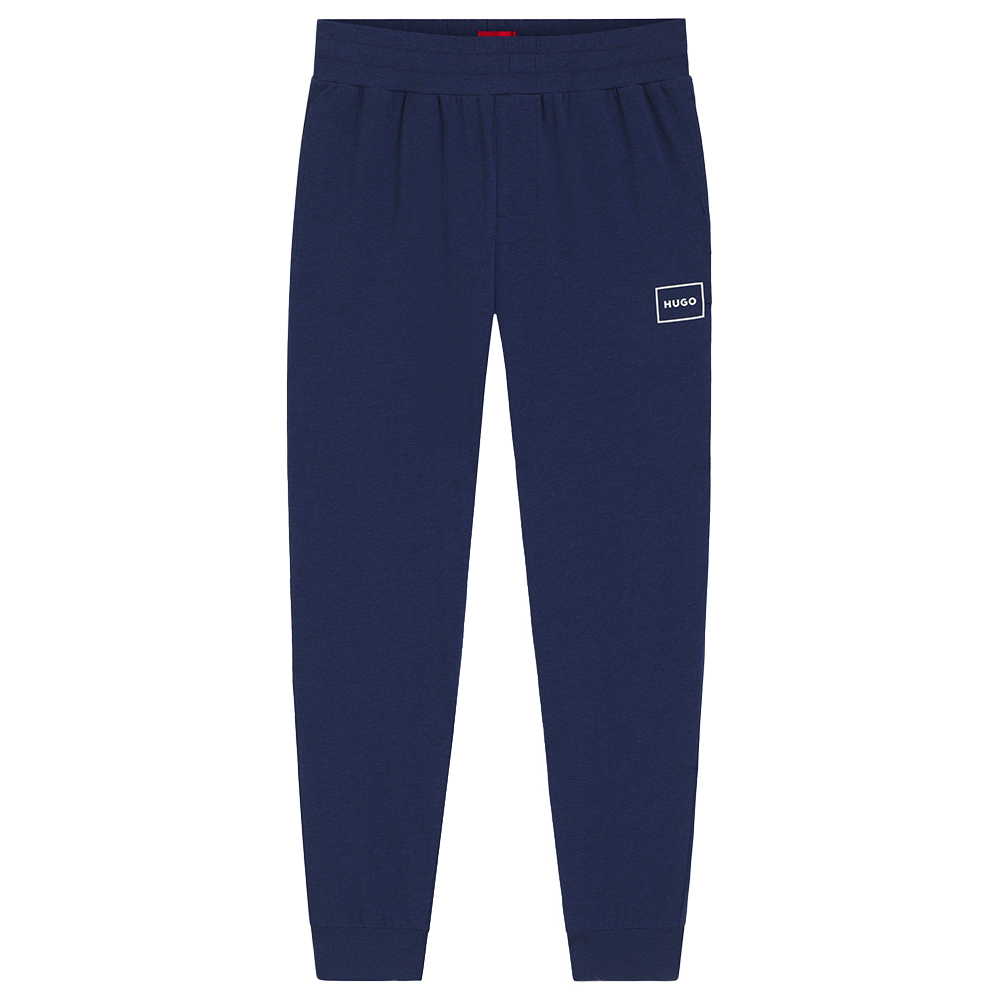 Navy blue sweatpants with a logo on a white background