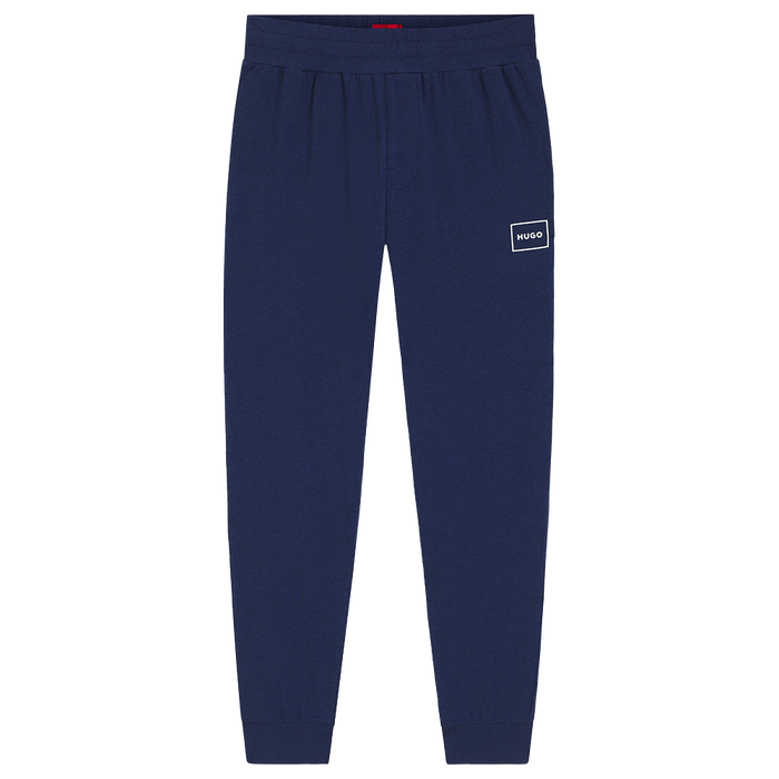 Navy blue sweatpants with a logo on a white background