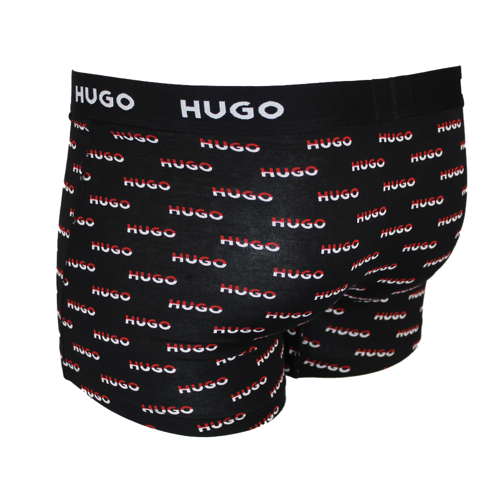 Black boxer briefs with 'HUGO' logo pattern on a white background