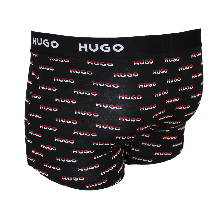 Black boxer briefs with 'HUGO' logo pattern on a white background
