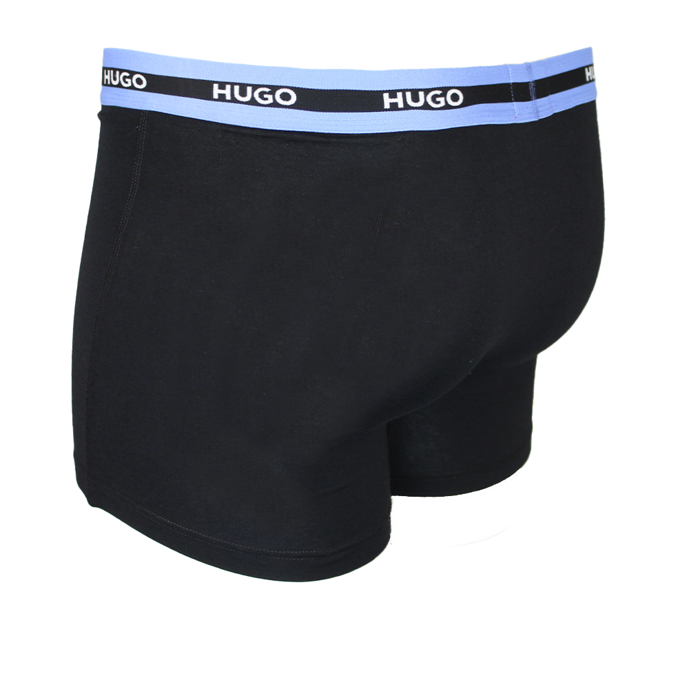 Black boxer briefs with blue waistband featuring 'HUGO' branding on a white background.