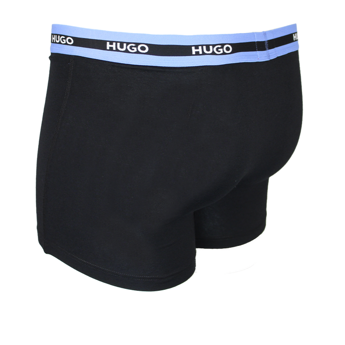 Black boxer briefs with blue waistband featuring 'HUGO' branding on a white background.