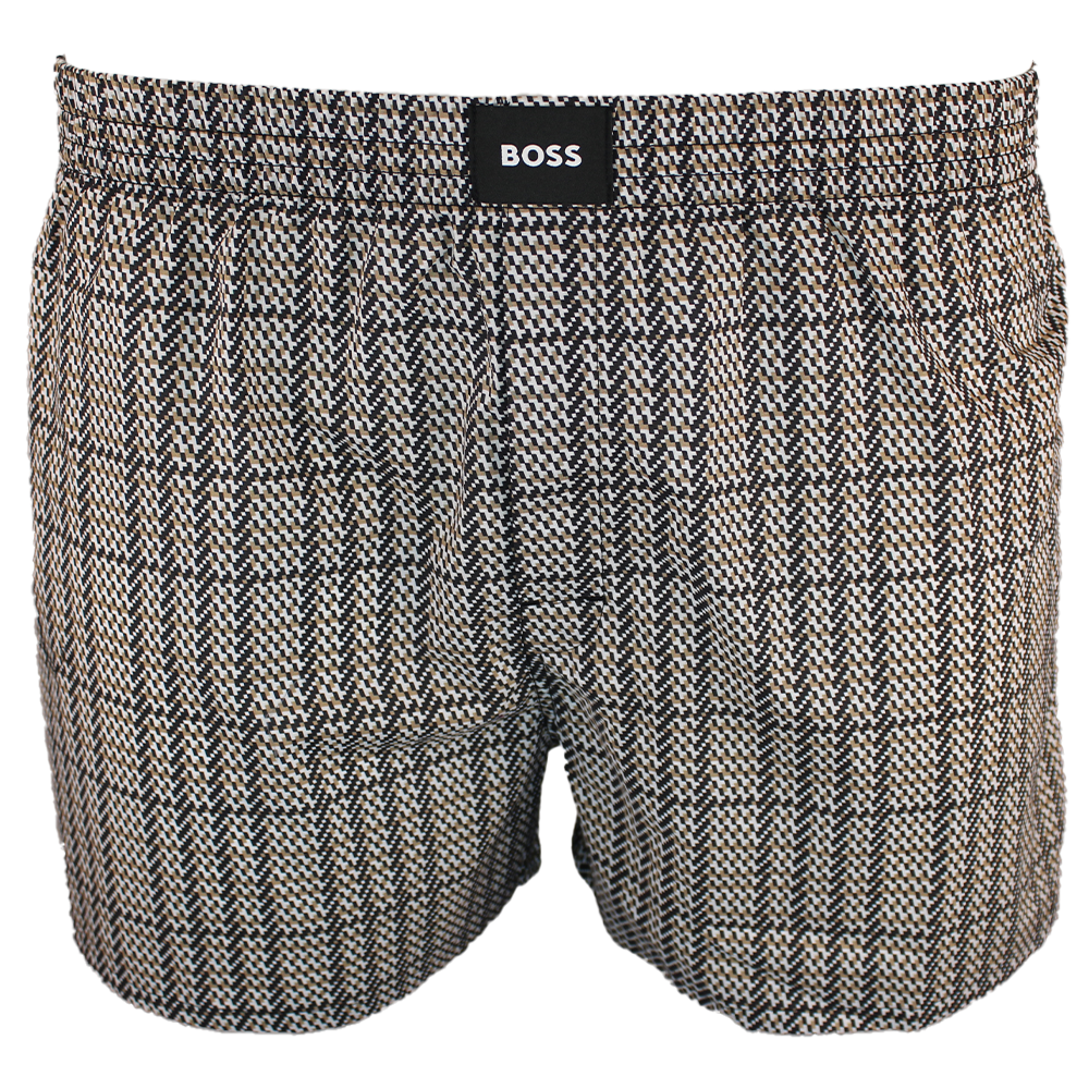 Herringbone patterned boxer briefs with a visible brand label on a white background