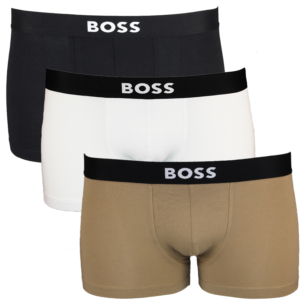 Three pairs of BOSS branded boxer trunks in black, white, and beige on a white background.