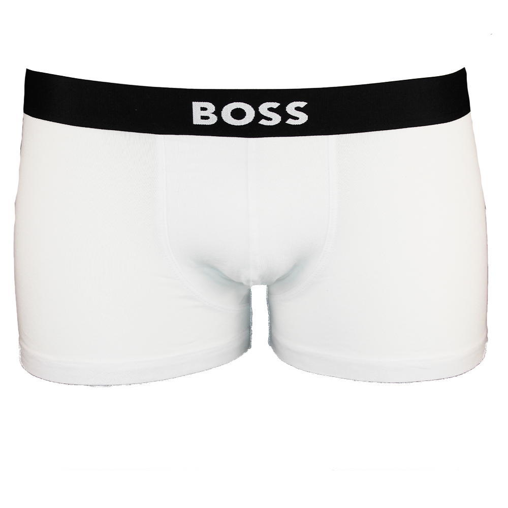 White boxer trunks with a black 'BOSS' waistband on a white background